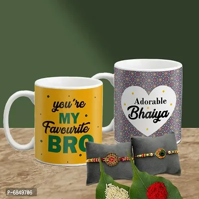 Rakhi Gift for Brother 2 Printed Coffee Mug with Rakhi, Roli, chawal