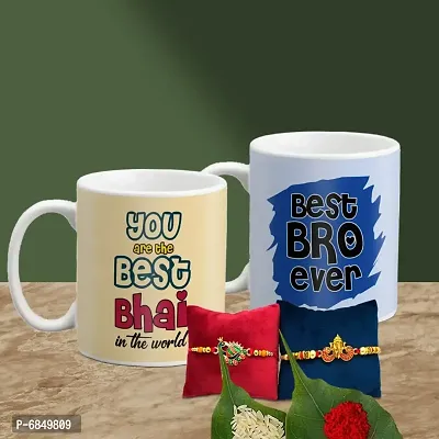 Rakhi Gift for Brother 2 Printed Coffee Mug with Rakhi, Roli, chawal-thumb0