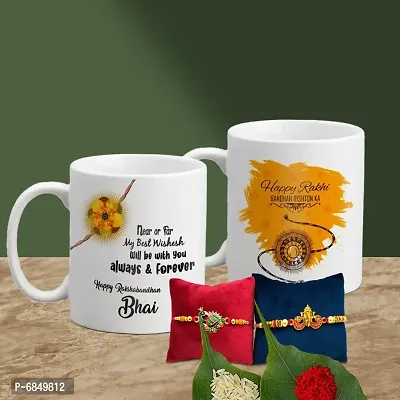 Rakhi Gift for Brother 2 Printed Coffee Mug with Rakhi, Roli, chawal