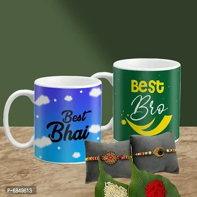 Rakhi Gift for Brother 2 Printed Coffee Mug with Rakhi, Roli, chawal-thumb0