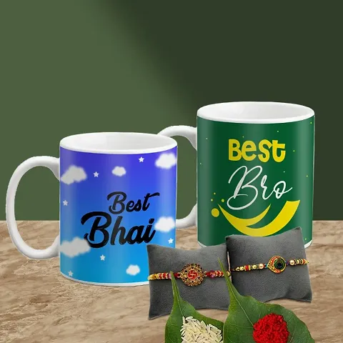 Rakhi Gift for Brother 2 Printed Coffee Mug with Rakhi, Roli, chawal