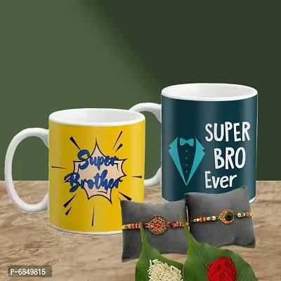 Rakhi Gift for Brother 2 Printed Coffee Mug with Rakhi, Roli, chawal