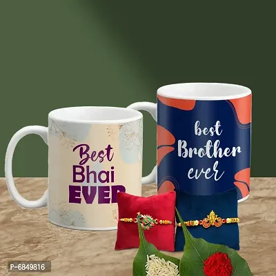 Rakhi Gift for Brother 2 Printed Coffee Mug with Rakhi, Roli, chawal