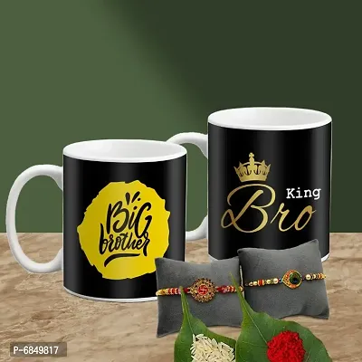 Rakhi Gift for Brother 2 Printed Coffee Mug with Rakhi, Roli, chawal