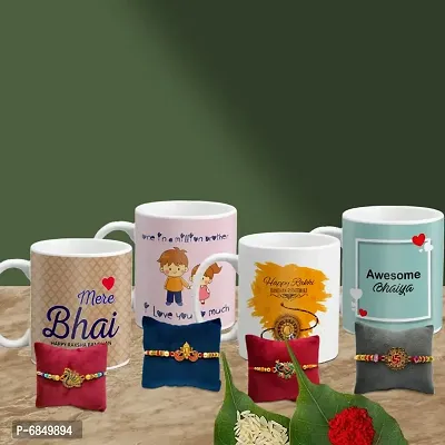 Rakhi Gift for Brother 4 Printed Coffee Mug with Rakhi, Roli, chawal