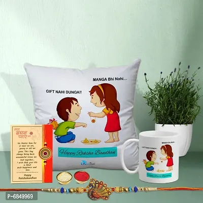 Rakhi Gift for Brother Printed Cushion cover with filler, Coffee Mug, Greeting card, Rakhi, Roli, chawal-thumb0