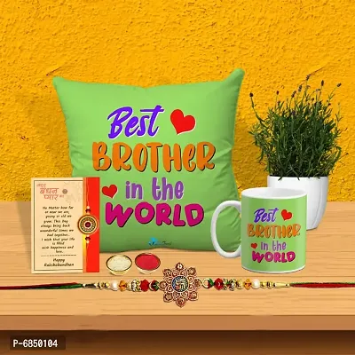 Rakhi Gift for Brother Printed Cushion cover with filler, Coffee Mug, Greeting card, Rakhi, Roli, chawal-thumb0