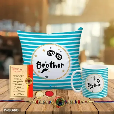 Rakhi Gift for Brother Printed Cushion cover with filler, Coffee Mug, Greeting card, Rakhi, Roli, chawal