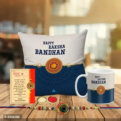 Rakhi Gift for Brother Printed Cushion cover with filler, Coffee Mug, Greeting card, Rakhi, Roli, chawal-thumb0