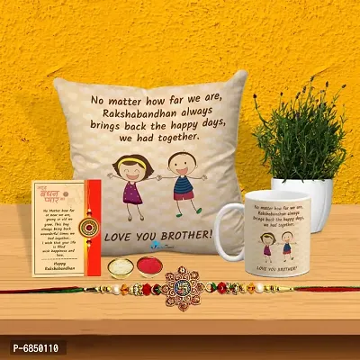 Rakhi Gift for Brother Printed Cushion cover with filler, Coffee Mug, Greeting card, Rakhi, Roli, chawal-thumb0