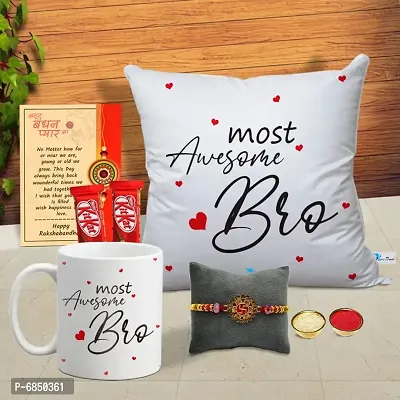 Rakhi Gift for Brother Printed Cushion cover with filler, Coffee Mug, 2 chocolates, Greeting card, Rakhi, Roli, chawal-thumb0