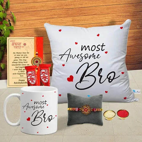 Rakshabandhan Combo Cushion Cover with Filler, Coffee Mug, Chocolates, Greeting Card, Rakhi, Roli, Chawal