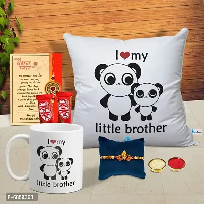 Rakhi Gift for Brother Printed Cushion cover with filler, Coffee Mug, 2 chocolates, Greeting card, Rakhi, Roli, chawal