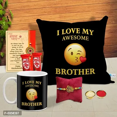 Rakhi Gift for Brother Printed Cushion cover with filler, Coffee Mug, 2 chocolates, Greeting card, Rakhi, Roli, chawal