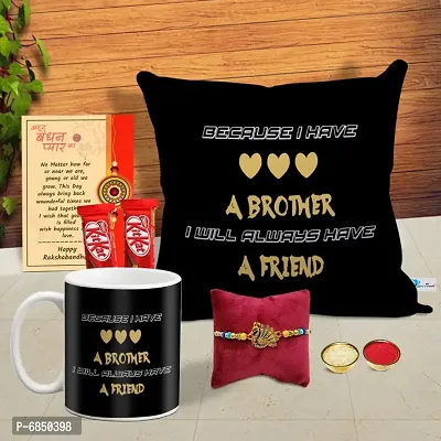 Rakhi Gift for Brother Printed Cushion cover with filler, Coffee Mug, 2 chocolates, Greeting card, Rakhi, Roli, chawal