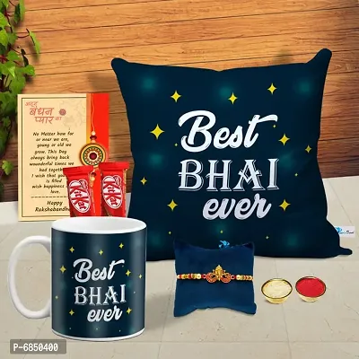 Rakhi Gift for Brother Printed Cushion cover with filler, Coffee Mug, 2 chocolates, Greeting card, Rakhi, Roli, chawal