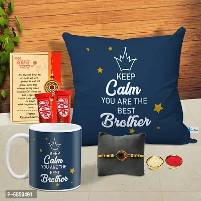 Rakhi Gift for Brother Printed Cushion cover with filler, Coffee Mug, 2 chocolates, Greeting card, Rakhi, Roli, chawal-thumb0