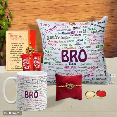 Rakhi Gift for Brother Printed Cushion cover with filler, Coffee Mug, 2 chocolates, Greeting card, Rakhi, Roli, chawal-thumb0