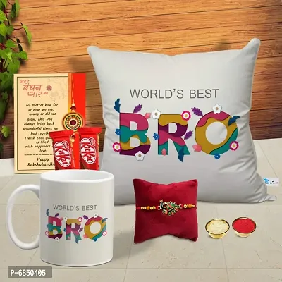 Rakhi Gift for Brother Printed Cushion cover with filler, Coffee Mug, 2 chocolates, Greeting card, Rakhi, Roli, chawal