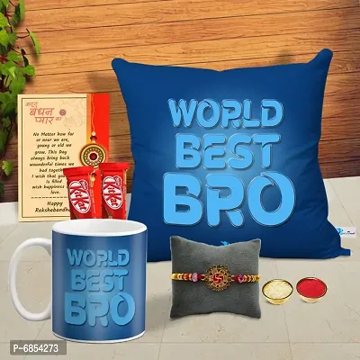 Rakhi Gift for Brother Printed Cushion cover with filler, Coffee Mug, 2 chocolates, Greeting card, Rakhi, Roli, chawal-thumb0