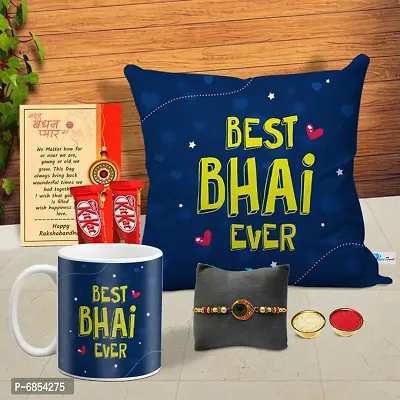 Rakhi Gift for Brother Printed Cushion cover with filler, Coffee Mug, 2 chocolates, Greeting card, Rakhi, Roli, chawal