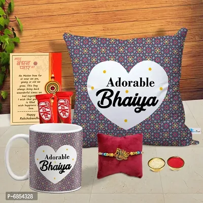 Rakhi Gift for Brother Printed Cushion cover with filler, Coffee Mug, 2 chocolates, Greeting card, Rakhi, Roli, chawal-thumb0