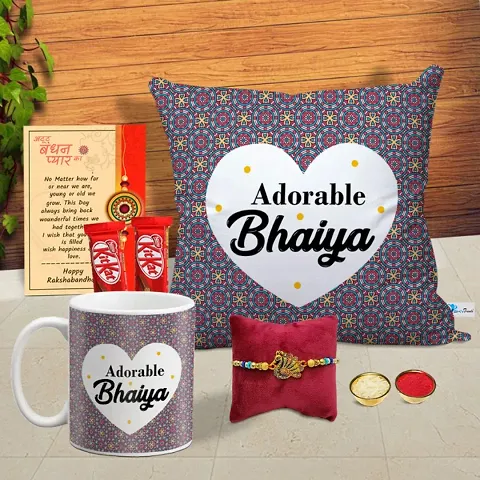 Rakhi Gift for Brother Printed Cushion, Coffee Mug, 2 Chocolates, Greeting card, Rakhi, Roli, chawal