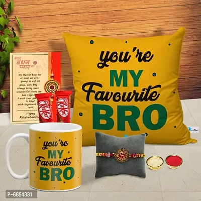 Rakhi Gift for Brother Printed Cushion cover with filler, Coffee Mug, 2 chocolates, Greeting card, Rakhi, Roli, chawal