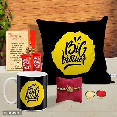 Rakhi Gift for Brother Printed Cushion cover with filler, Coffee Mug, 2 chocolates, Greeting card, Rakhi, Roli, chawal