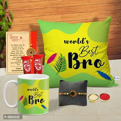 Rakhi Gift for Brother Printed Cushion cover with filler, Coffee Mug, 2 chocolates, Greeting card, Rakhi, Roli, chawal