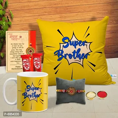 Rakhi Gift for Brother Printed Cushion cover with filler, Coffee Mug, 2 chocolates, Greeting card, Rakhi, Roli, chawal