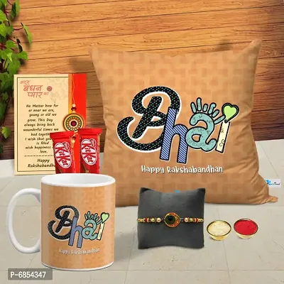 Rakhi Gift for Brother Printed Cushion cover with filler, Coffee Mug, 2 chocolates, Greeting card, Rakhi, Roli, chawal