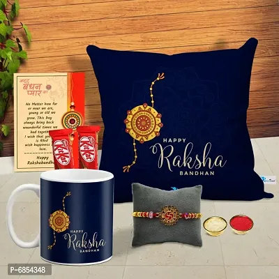 Rakhi Gift for Brother Printed Cushion cover with filler, Coffee Mug, 2 chocolates, Greeting card, Rakhi, Roli, chawal