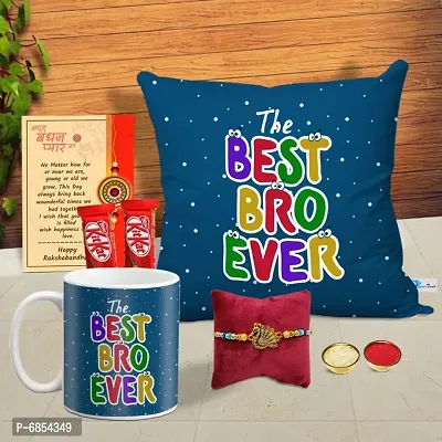 Rakhi Gift for Brother Printed Cushion cover with filler, Coffee Mug, 2 chocolates, Greeting card, Rakhi, Roli, chawal