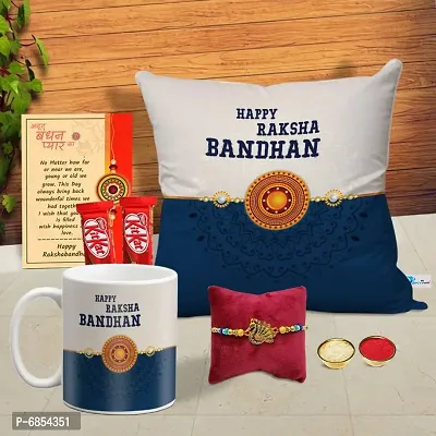 Rakhi Gift for Brother Printed Cushion cover with filler, Coffee Mug, 2 chocolates, Greeting card, Rakhi, Roli, chawal