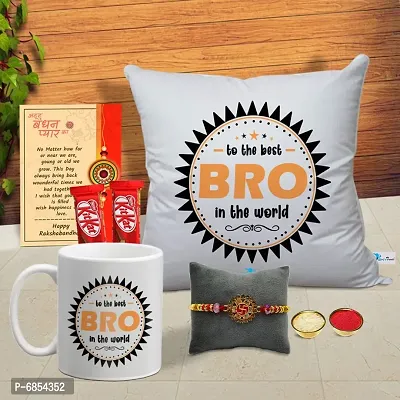 Rakhi Gift for Brother Printed Cushion cover with filler, Coffee Mug, 2 chocolates, Greeting card, Rakhi, Roli, chawal