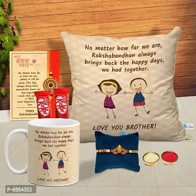 Rakhi Gift for Brother Printed Cushion cover with filler, Coffee Mug, 2 chocolates, Greeting card, Rakhi, Roli, chawal