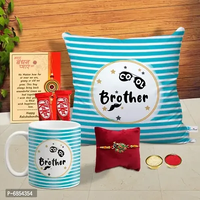 Rakhi Gift for Brother Printed Cushion cover with filler, Coffee Mug, 2 chocolates, Greeting card, Rakhi, Roli, chawal