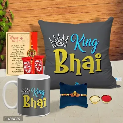 Rakhi Gift for Brother Printed Cushion cover with filler, Coffee Mug, 2 chocolates, Greeting card, Rakhi, Roli, chawal-thumb0