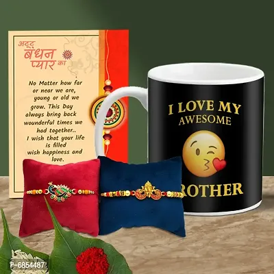 Rakhi Gift for Brother Printed Coffee Mug with 2 Rakhi, Greeting Card, Roli, chawal