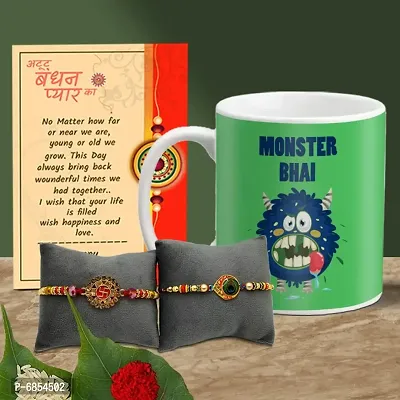 Rakhi Gift for Brother Printed Coffee Mug with 2 Rakhi, Greeting Card, Roli, chawal-thumb0