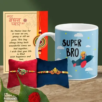 Rakhi Gift for Brother Printed Coffee Mug with 2 Rakhi, Greeting Card, Roli, chawal