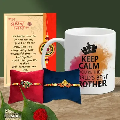 Rakhi Gift for Brother Printed Coffee Mug with 2 Rakhi, Greeting Card, Roli, chawal