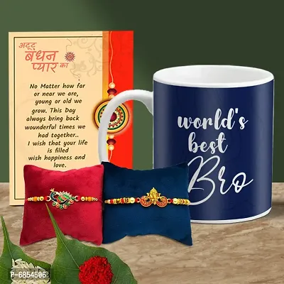 Rakhi Gift for Brother Printed Coffee Mug with 2 Rakhi, Greeting Card, Roli, chawal