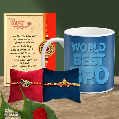 Rakhi Gift for Brother Printed Coffee Mug with 2 Rakhi, Greeting Card, Roli, chawal