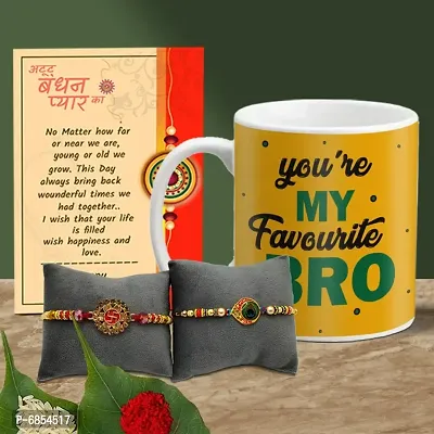 Rakhi Gift for Brother Printed Coffee Mug with 2 Rakhi, Greeting Card, Roli, chawal-thumb0