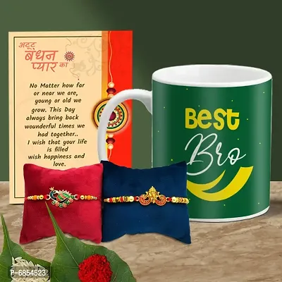 Rakhi Gift for Brother Printed Coffee Mug with 2 Rakhi, Greeting Card, Roli, chawal-thumb0