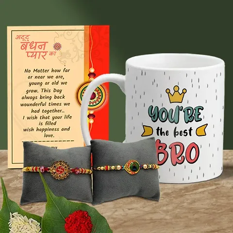 Rakhi Gift for Brother Printed Coffee Mug with 2 Rakhi, Greeting Card, Roli, Chawal