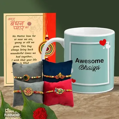 Rakhi Gift for Brother Printed Coffee Mug with 4 Rakhi, Greeting Card, Roli, chawal-thumb0