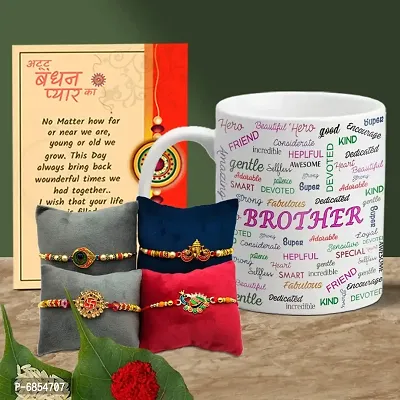 Rakhi Gift for Brother Printed Coffee Mug with 4 Rakhi, Greeting Card, Roli, chawal-thumb0